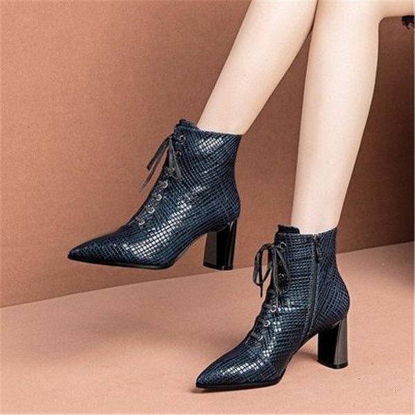 

new 2021 winter for women in high heels black snake blue boots feminine toe lace to woman shoes size 35-40 u8zt