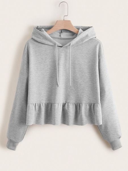 

plus drop shoulder ruffle hem drawstring hoodie p4yw#, Black
