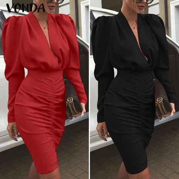 

plus size vonda women dress 2020 spring summer v neck slim party dress office ladies knee-length vestidos casual sundress1, Black;gray