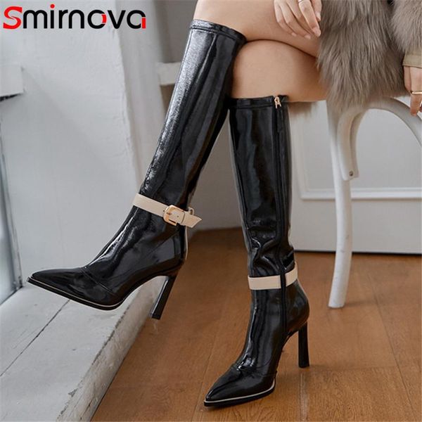 

smirnova 2020 thin high heel boots women patent leather party shoes buckle zip mixed colors knee high boots woman, Black