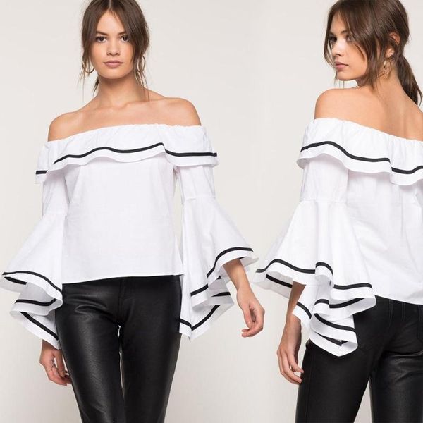 

women solid slash neck shirts exposed shoulder long-sleeved butterfly sleeves blouse all-match white shirt spring autumn