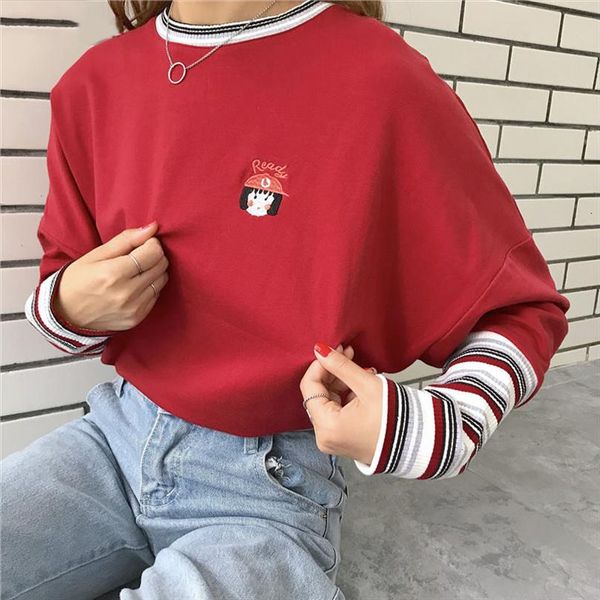 

korean stripe patchwork t shirt cartoon letter embroidery tee 2020 long sleeve o neck t shirt women causal shirts 35191, White