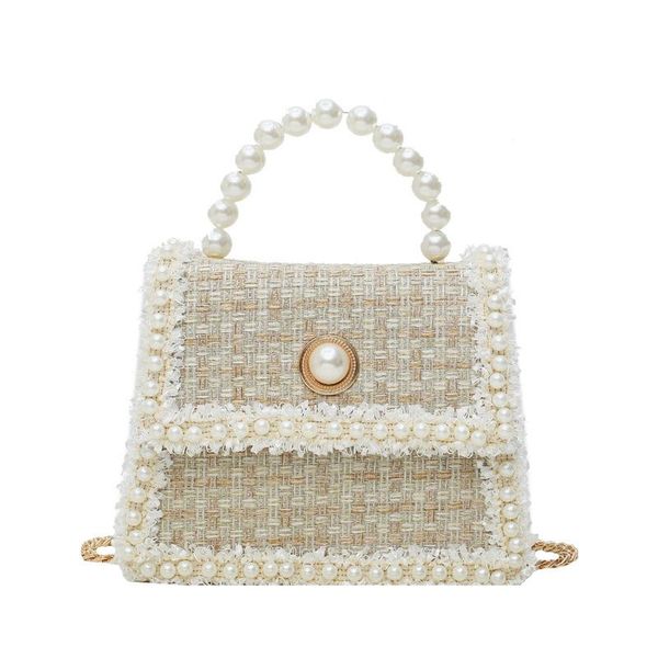 

Women Hand Bag Elegant Plaid Bead Floral Cotton Linen Shoulder Bag Solid Pearl Chain Strap Autumn Holiday ChicTote Bags Female