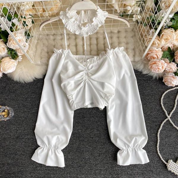 

women's blouses & shirts women fashion halter long sleeve elastic short slim shirt autumn lady white black solid color blouse n914