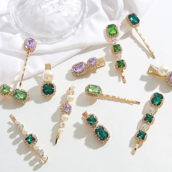 

1pc purple green geometric korea ins retro temperament wild crystal rhinestone duckbill clips female side hairpin hair qylqdc, Black;brown