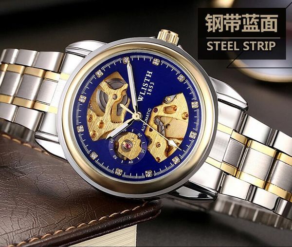 

wlisth men blue business waterproof luminous transparent hollow men's automatic machinery, Slivery;brown