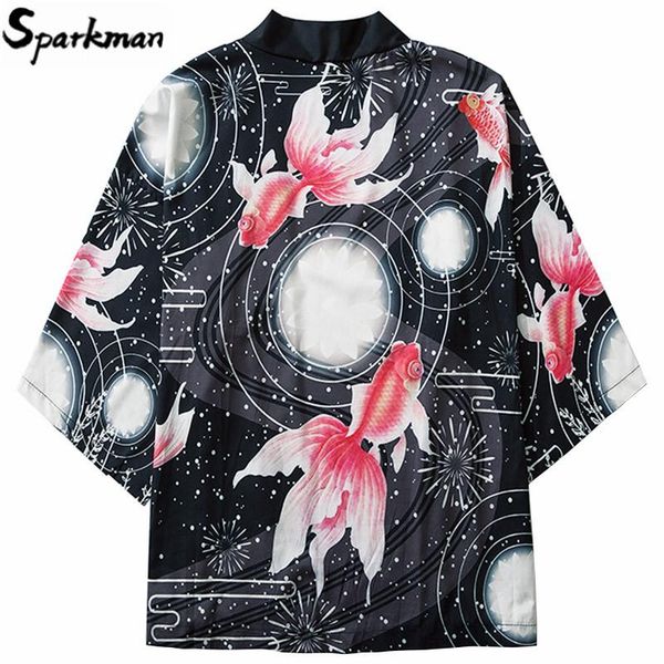 

2020 japanese kimono jacket koi fish printed harajuku hip hop men japan style streetwear jacket summer thin clothes loose kimono, Black;brown