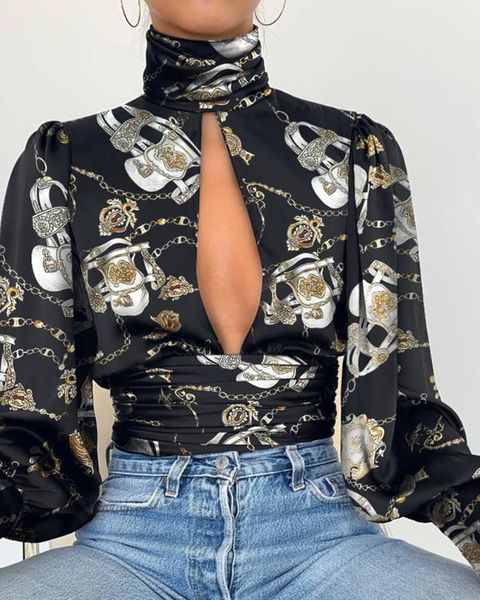 

women's blouses & shirts keyhole front chain print open back blouse women elegant high neck long sleeve casual blouses1, White