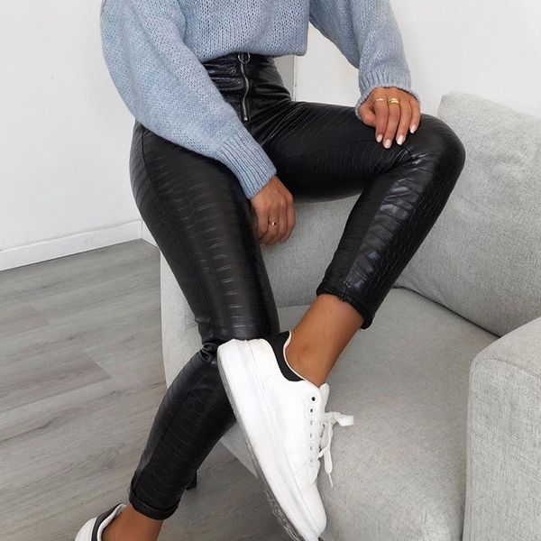 

winter pants leather leggings women's casual pu warm female pencil trousers slim fit autumn high waist leather pants 201031, Black;white