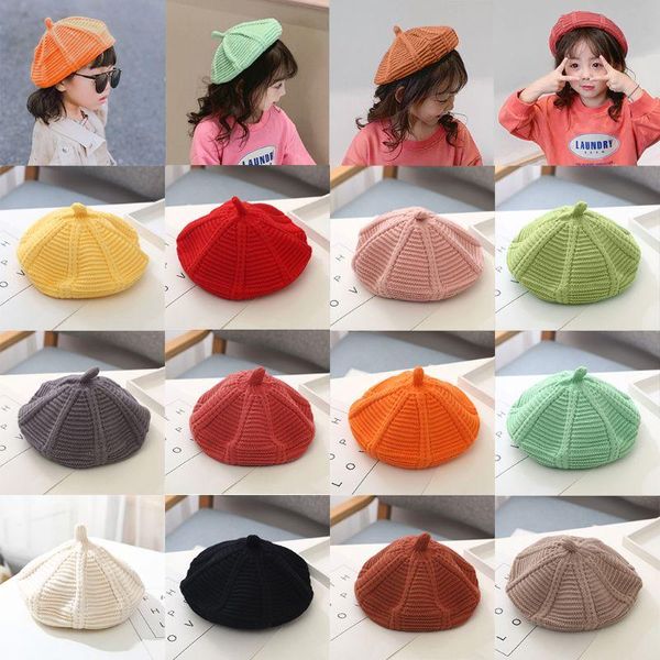 

berets autumn winter kids children knitted cap warm pumpkin hat casual solid color painters, Blue;gray