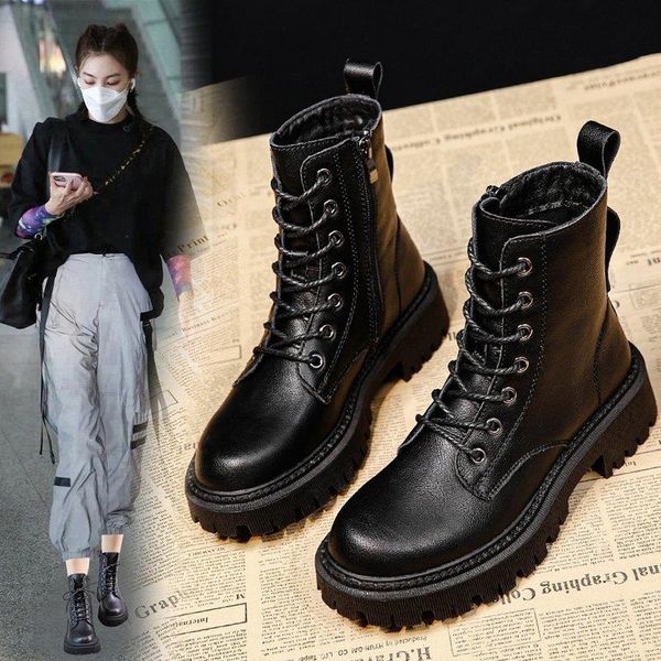 

women's leather boots autumn shoes round toe boots-women luxury designer booties ladies flat heel zipper rubber ankle, Black