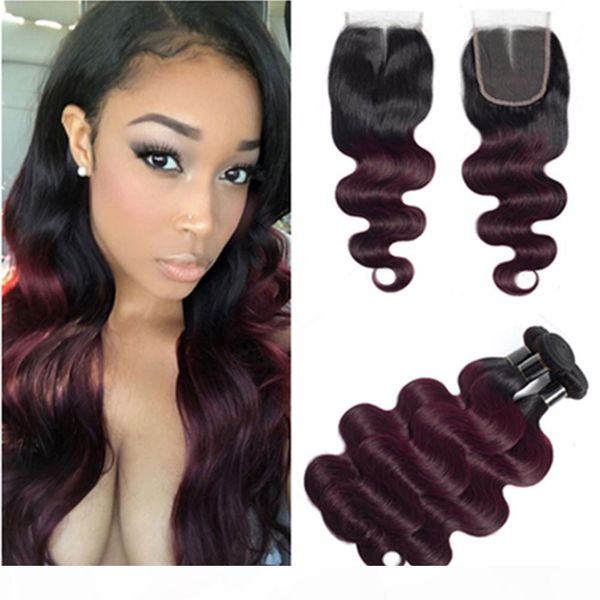 

#1b 99j wine red ombre body wave peruvian human hair 3bundles with closure burgundy ombre human hair lace closure 4x4 with weave bundles, Black;brown