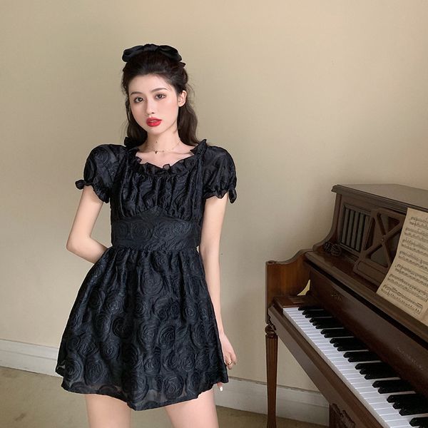 

2021 new polyester fibre autumn sweet retro french lotus neck thin temperament without back dressed in high female waist 6b1i, Black;gray