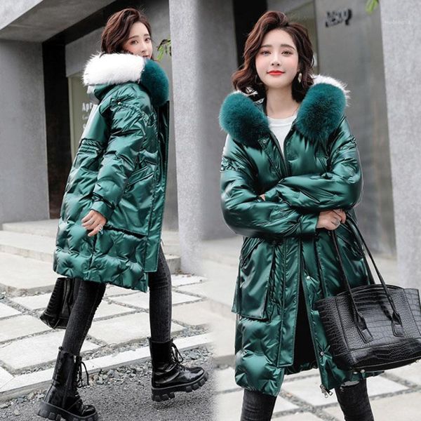 

winter 2020 korean thicken glossy down cotton padded jacket female mid-length loose drawstring faux fur collar women parka coat1, Black