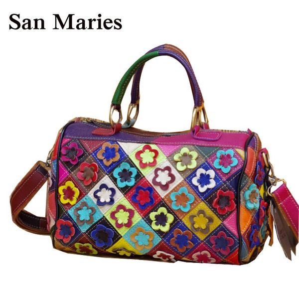 

women cross body bags lady messenger bag genuine leather women's shoulder bag fashion patchwork flower colorful tote