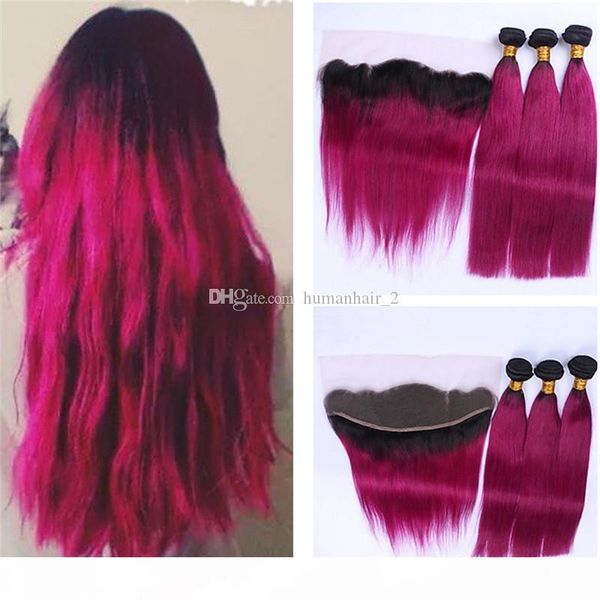 

peruvian human virgin hair fuschia ombre hair bundles with lace frontal closure two tone red straight virgin hair with frontal closure, Black;brown