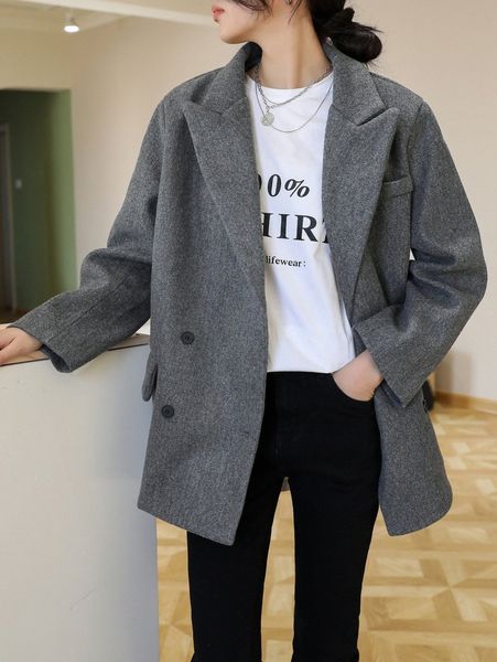 

dazy peak collar double breasted tweed overcoat p06u#, Black