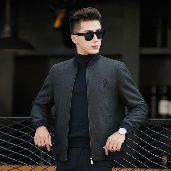 

middle-aged slim stand collar men's high-grade woolen jacket zipper woolen coat pure color embroidery coat wholesale, Black