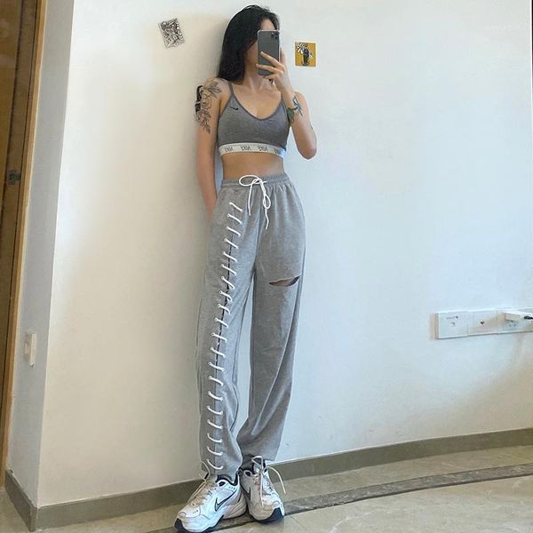 

hippop street hip-hop style design sense bandage casual trousers women's all-match trousers1, Black;white