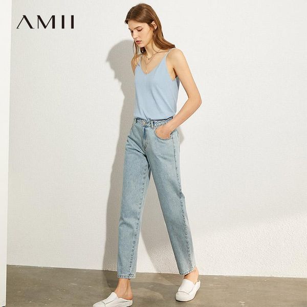 

amii minimalism summer autumn fashion basic women jeans causal cotton high waist straight ankel-length female jeans 120406931, Blue