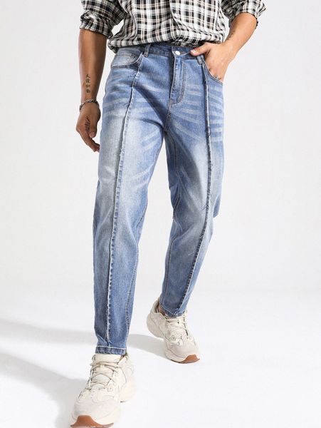 

men seam detail cat whisker washed jeans 08qu#, Blue