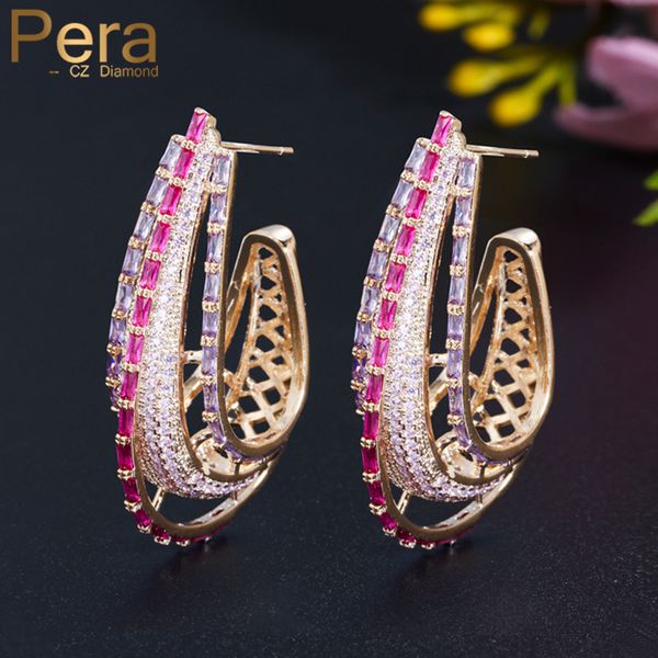 

hoop & huggie pera chunky red purple link cz stone dubai gold big statement round circle earring for brides wedding ornament jewelry e663, Golden;silver