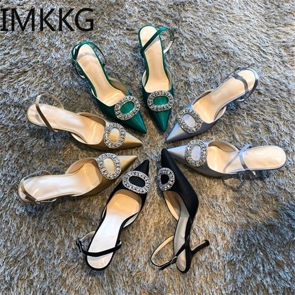 

summer new stiletto pointed high heel buckle sandals satin korean version of the wild baotou female cool shoes 220312, Black