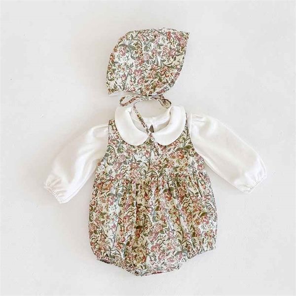 Herbst Floral Baby Mädchen Strampler Kleidung Nette Koreanische Overall Baumwolle ärmelloses romper + T-shirt + Hut 3 stücke geboren 220211