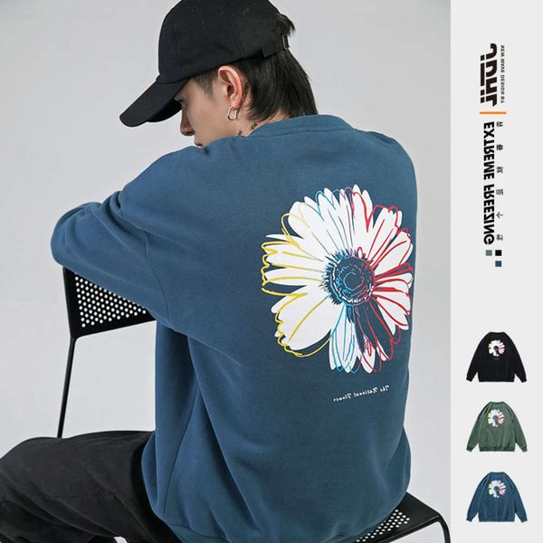 

wear autumn 2020 new fashion brand small daisy printed sweater men's loose round neck hip-hop t-shirt, Black