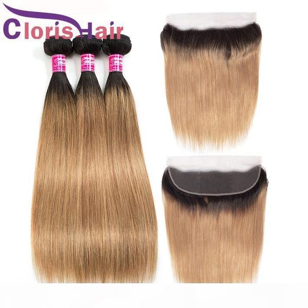 

honey blonde ombre 13x4 lace frontal closure with bundles colored 1b 27 raw virgin indian straight human hair weaves and full frontals, Black;brown