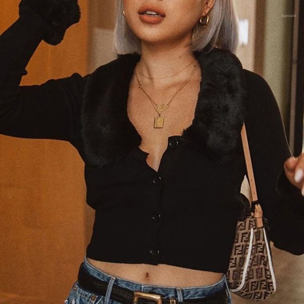 

vintage faux fur knitted sweater women thin winter sweaters casual streetwear club black knitwear knitting crop 20201, White;black