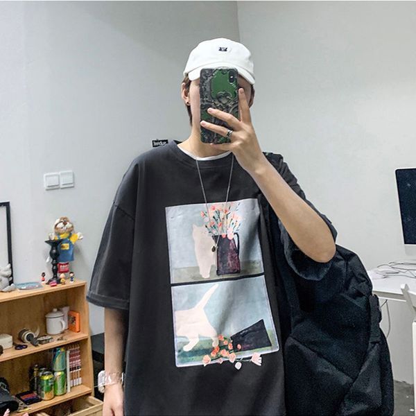 

hip hop cat t shirt streetwear men cool black loose t-shirt japan harajuku tshirt summer high street short sleeve tees, White;black