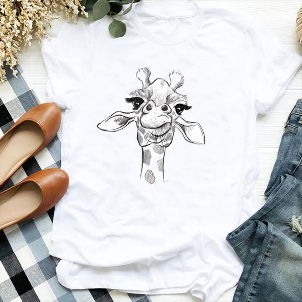 

cartoon giraffe balloon print t shirt women short sleeve o neck loose tshirt women tee shirt female clothes camisetas mujer, White