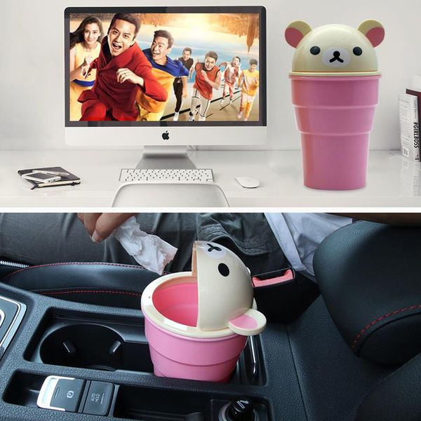 

cute cartoon car trash cans car storage debris barrels garbage dust holder rubbish cases bin auto waste organizer bear style