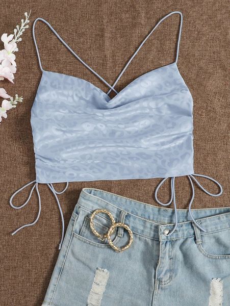 

leopard jacquard drawstring side crisscross crop cami n2xu#, White