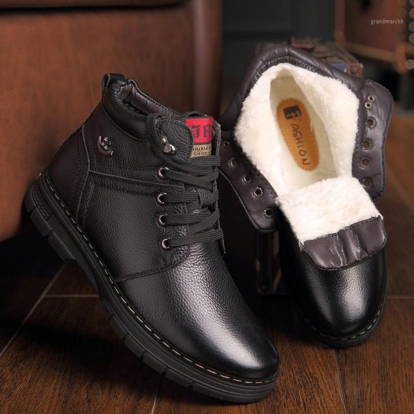 

boots 2021 winter shoes men's geniune leather wool inside warm snow man ankle non-slip plush1, Black