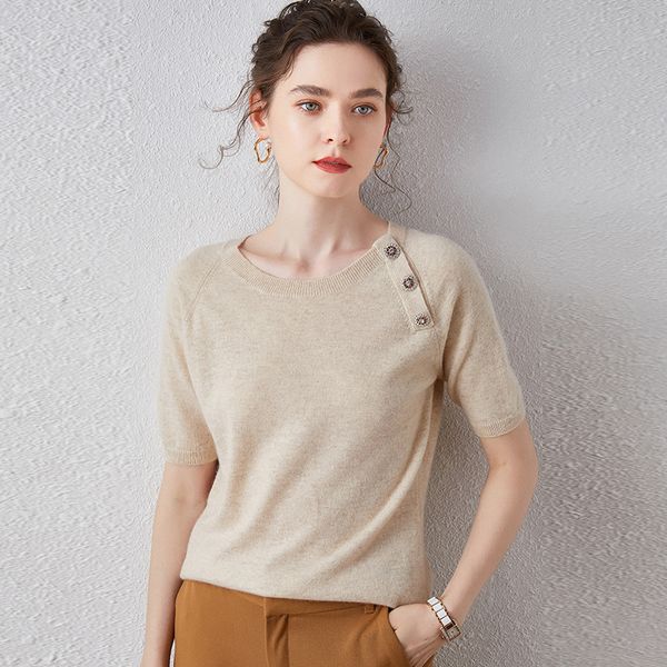 

2021 new female 100% cashmere-neck tshirt short sleeve vintage buttons real sweater pure cashmere keb0, White;black