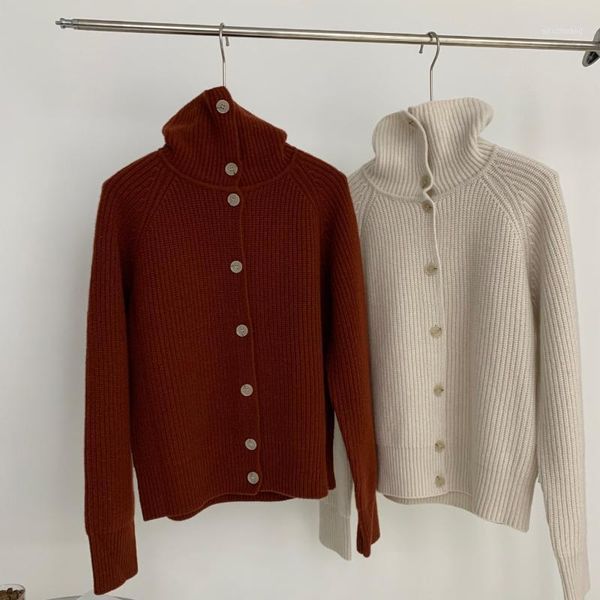 

women sweater multi-wear 2020 high-neck solid color wool cardigan knitted single-breasted lapel temperament sweater women1, White