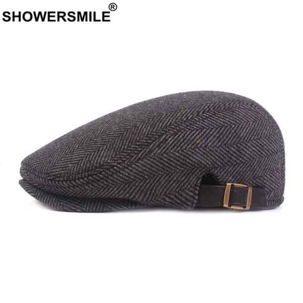 

berets showersmile winter hat woolen british herringbone gray mens beret retro casual thick warm male adjustable flat cap, Blue;gray