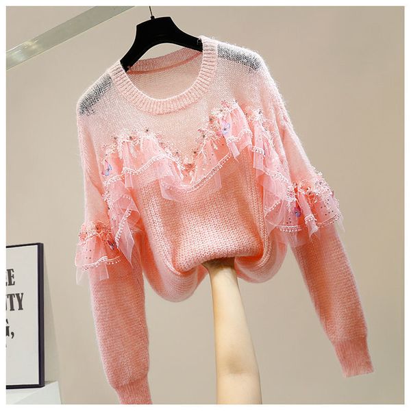 

new 2021 women's fashions heavy industry sequins sewing lotus leaf lace mesh hollow sweaters mrs pullovers y522 g2sb b9c7, White;black