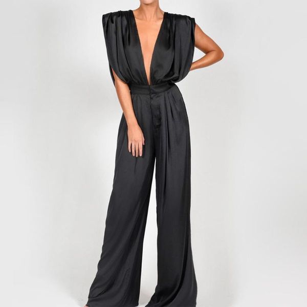 

women's jumpsuits & rompers deep v neck sleeveless jumpsuit luxury silk satin solid flare pant romper elegant outfit party wear women, Black;white