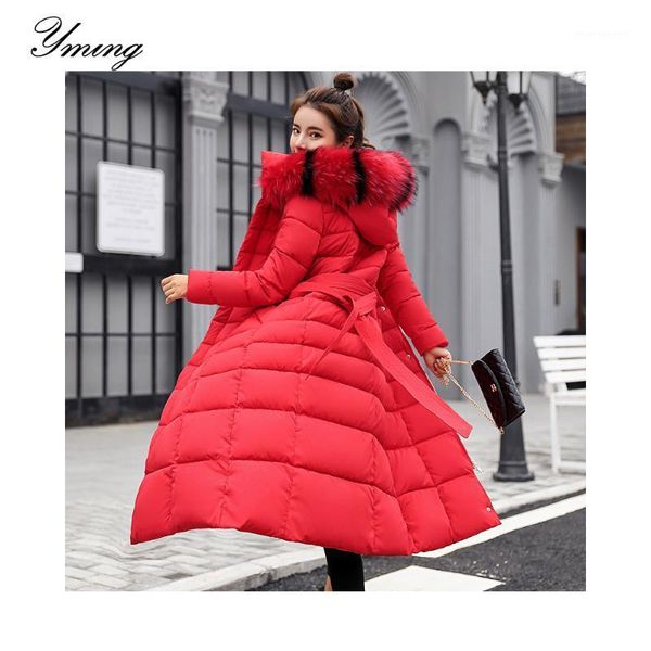 

women's down & parkas yming women's long cotton jacket plus velvet casual winter slim tie belt slim1, Black