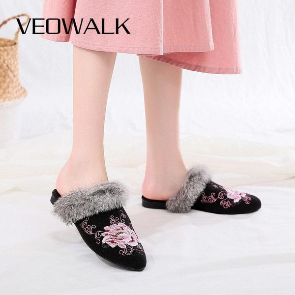 

veowalk winter women warm faux fur slippers soft comfortable pointed toe flat mules ladies indoor home embroidered shoes1, Black
