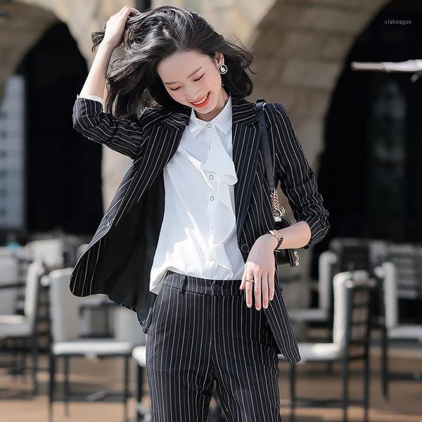 

2020 fashion female elegant business pant suits office uniform formal long pant blazer and pants 2 piece set jacket trousers1, White;black