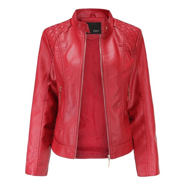 

leather jacket women zippers spring autumn women's pu leather jacket mandarin collar red motor biker coat female oversized 210201, Black
