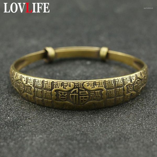 

vintage copper sliding adjustable chinese letters blessing bangles for women antique brass lucky cuff bracelets handmade bangle1, Black