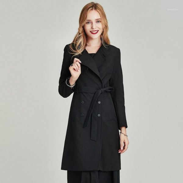 

havva 2020 autumn fashion double-breasted windbreaker women's mid-length slim solid color trench coat f41641, Tan;black