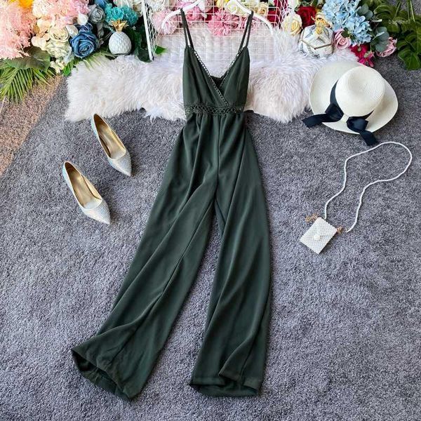 

vintage solid women jumpsuits deep v-neck sleeveless backless hollow out loose female beach jumpsuit 2020 summer fashion1, Black;white