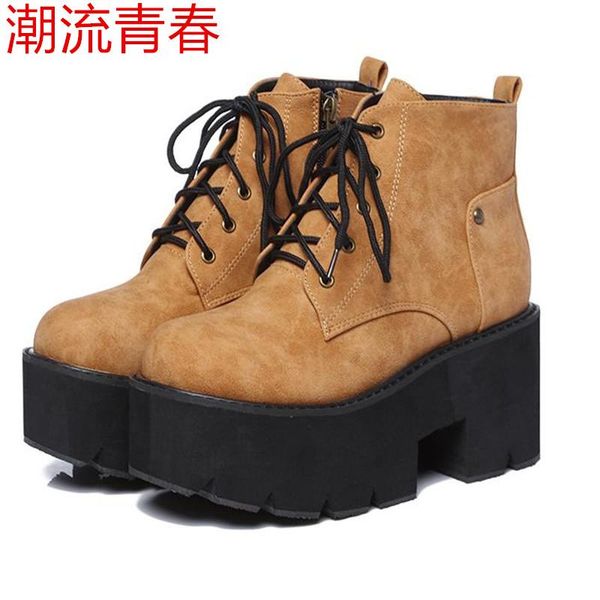 

boots 2021 women high-heeled ankle with thick soles and strappy heels casual lace up punk shoes chunky size 34-39, Black