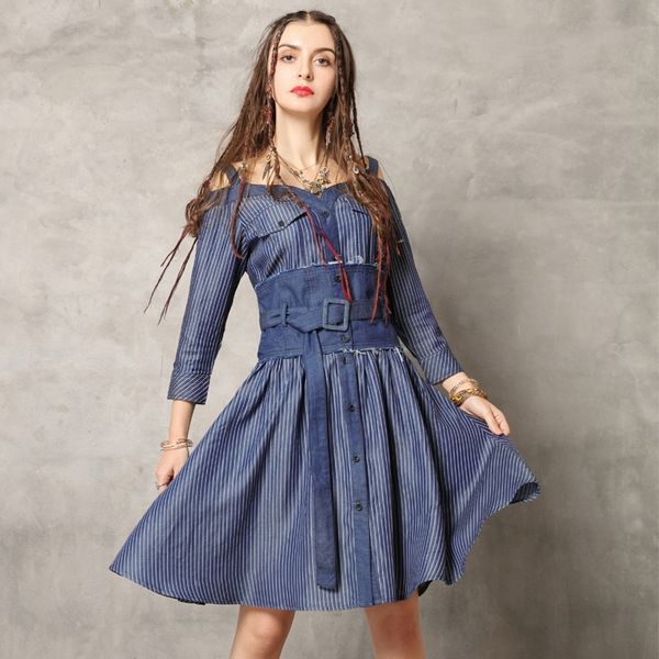 

fashion women's autumn 2020 new stripe waist cover fake two piece dress long sleeve suit dress a82156 vc9v3, Black;gray